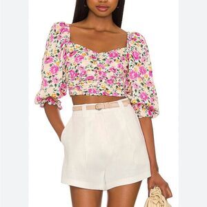 For Love & Lemons Cassia Satin Crop Top in Pink Floral - Size S